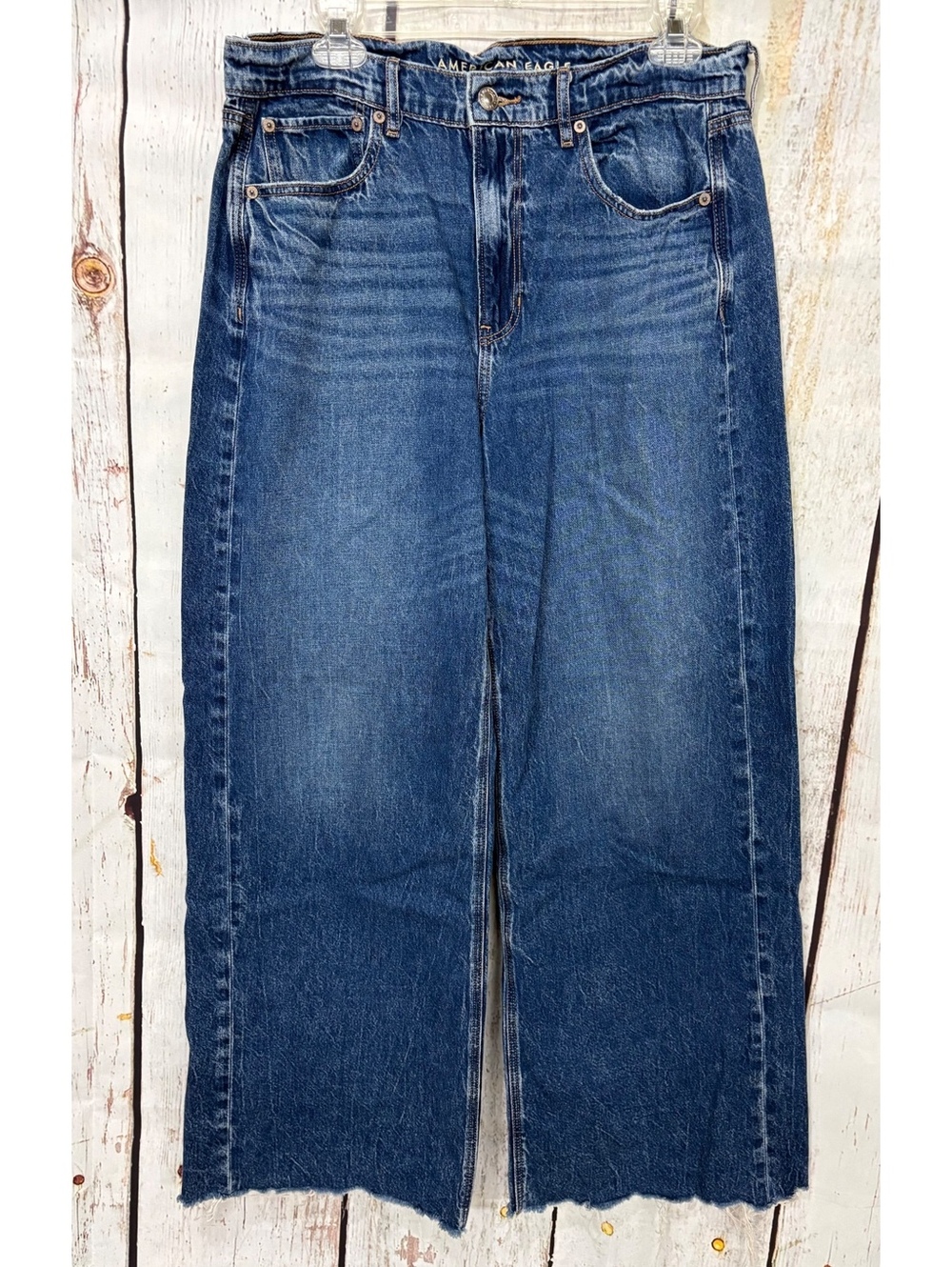 American Eagle Women's Super High Rise Baggy Wide Leg Jeans with Raw Hem Size 12